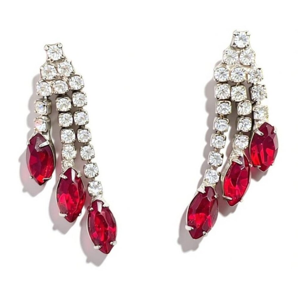 Vintage Rhinestone Dangle Earrings With Red & Clear Stones
